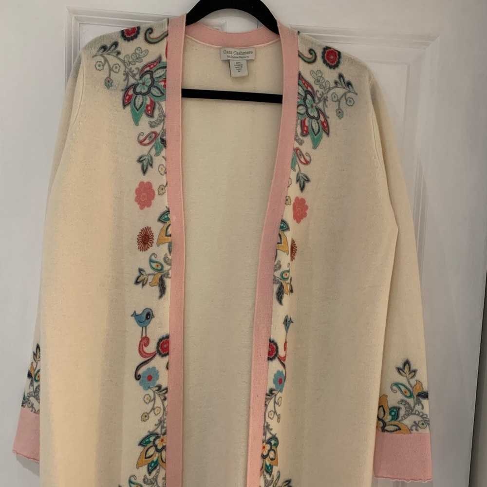 Oats Cashmere by Debra, Ivory and pink cardigan - 100% Cashmere